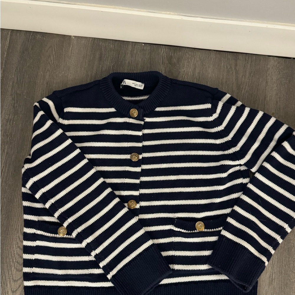 Zara Navy and White Striped Cardigan